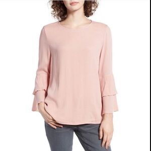 Leith Nordstrom Rose Pink Ruffled long sleeve silky feminine boho blouse